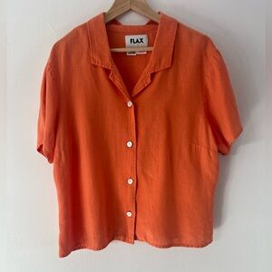 Flax Orange Short Sleeve Collared Button-Up Boxy Linen Top Size Large
